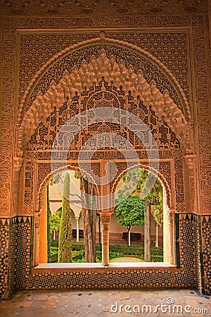 Honeycomb decorated windows of NAsrid Palace , Alhambra, Spain Stock Photo