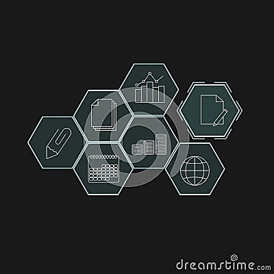 Honeycomb icons hexagon holograms money transfer finance tax circulation accounting illustrations Stock Photo