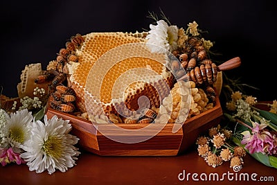 honeycomb pieces in wooden bowl surrounded by flowers Stock Photo