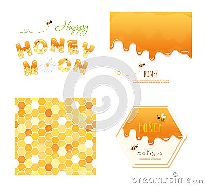 Honeycomb seamless pattern background, melted flowing honey, honeymoon letters and other design samples. Isolated on Vector Illustration