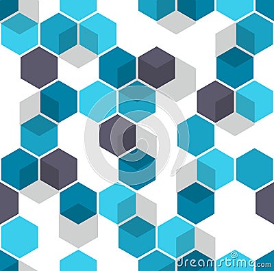 Honeycomb vector background. Seamless pattern with colored hexagons and cubes. Geometric texture, ornament of blue Vector Illustration