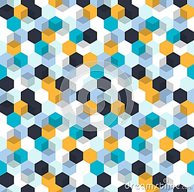 Honeycomb vector background. Seamless pattern with colored hexagons and cubes. Geometric texture, ornament of blue Vector Illustration