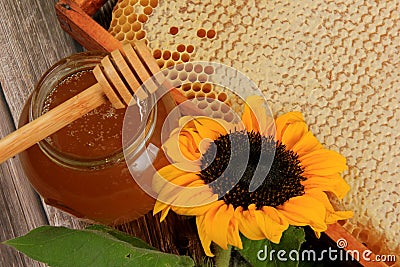 Honeycomb in a wooden frame decorated with sunflower and glass jar of honey on a wooden background Stock Photo
