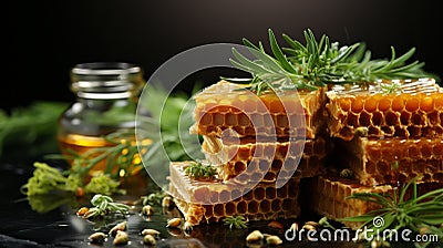 Honeycombs on the background of hemp leaves for cannabis. Stock Photo