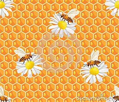 Honeycombs, daisies flowers and bees seamless pattern. Vector illustration of flower honey Vector Illustration