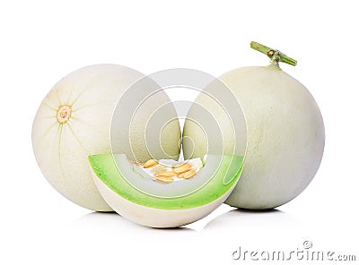 Honeydew melon sliced in half isolated on white Stock Photo