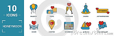 Honeymoon icon set. Include creative elements travel, just married, dinner, boar trip, cake icons. Can be used for report, Stock Photo