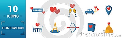 Honeymoon icon set. Include creative elements travel, just married, dinner, boar trip, cake icons. Can be used for report, Stock Photo