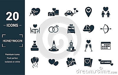 Honeymoon icon set. Include creative elements travel, just married, dinner, boar trip, cake icons. Can be used for report, Stock Photo