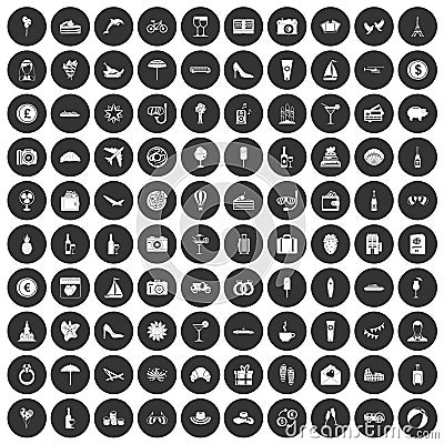 100 honeymoon icons set black circle Vector Illustration