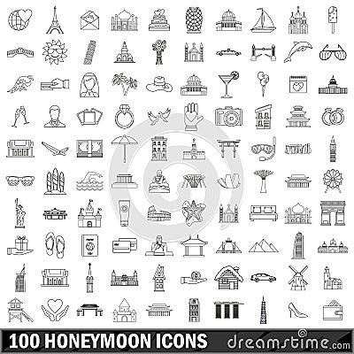 100 honeymoon icons set, outline style Vector Illustration