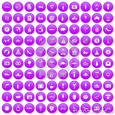 100 honeymoon icons set purple Vector Illustration