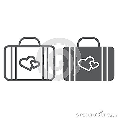 Honeymoon line and glyph icon, briefcase and love, baggage with hearts sign, vector graphics, a linear pattern on a Vector Illustration