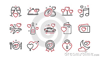 Honeymoon line icons set. Marriage rings, Wedding car, love. Bridal champagne, Valentine heart. Vector Vector Illustration