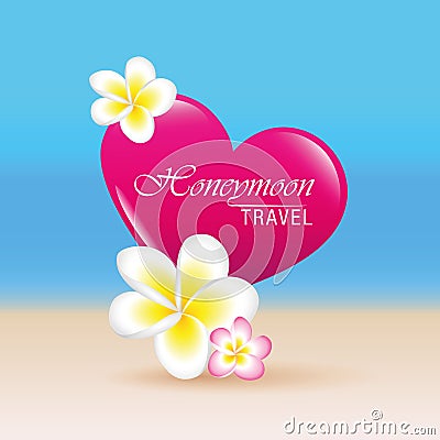 Honeymoon travel concept pink heart and frangipani flower Vector Illustration