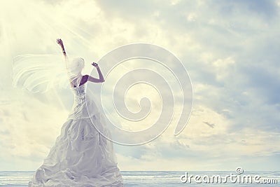 Honeymoon Trip, Bride Wedding Dress, Romantic Travel, Blue Sky Stock Photo