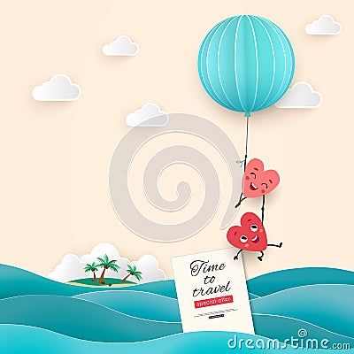 Honeymoon trip sea, Time to travel, pair of lovers hearts waves balloon, Paper cut vector Vector Illustration