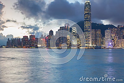 Hong Kong business downtown light over Victoria Bay Stock Photo