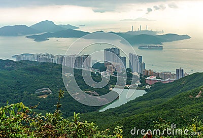 Lamma Island viewed from Victoria Peak on Hong Kong Island in Hong Kong. Scenic landscape Editorial Stock Photo