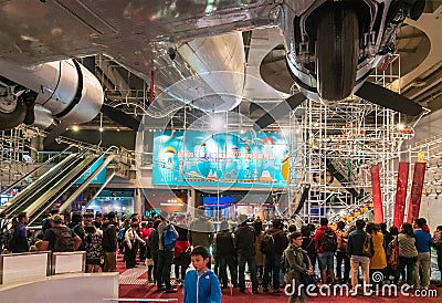 Hong Kong Science Museum interior view. People watch attractions emulating various physical Editorial Stock Photo