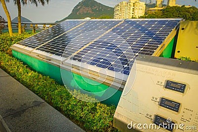 HONG KONG, CHINA - JANUARY 22, 2017: Solar pannel in victoria peak tower and tram in Hong Kong Editorial Stock Photo