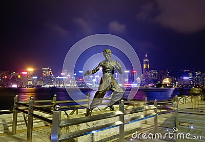 Hong Kong, China, Statue of Bruce Lee on the waterfront of Victoria harbour. Editorial Stock Photo