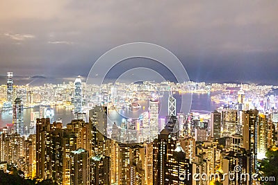 Hong Kong city view from Victoria peak in the night with a symphony of light show Editorial Stock Photo