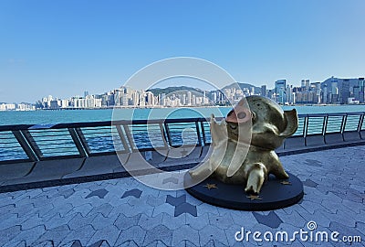 Hong Kong Cityscape Kowloon Tsim Sha Tsui McDull Sculpture K11 Musea Shopping Mall Outdoor Coastline Waterfront Ocean View Stock Photo