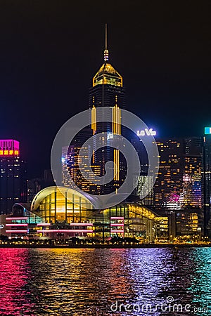 Hong Kong Convention and Exhibition Centre at night. Editorial Stock Photo