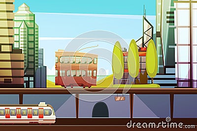 Hong Kong Downtown Front View Vector Illustration