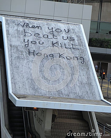 Message left on overhang by Hong Kong demonstrators Editorial Stock Photo