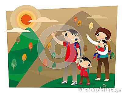 A Hong kong family climbs to a high place during the Chinese Double Ninth festival Vector Illustration