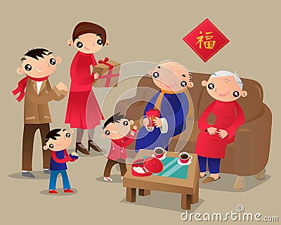 Hong Kong family visits relatives` home during The Chinese New Year Festival. Vector Illustration