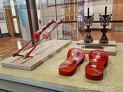 Hong Kong History Museum Bride Groom Couple Lucky Candle Holders Shoes Wooden Slippers Present Bridewealth Downey Red Lacquer Gift Editorial Stock Photo