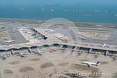 Hong Kong international airport with airplane parking. Stock Photo