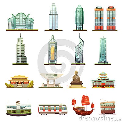 Hong Kong Landmarks Transportation Icons Set Vector Illustration