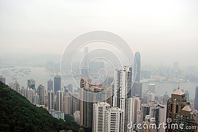 Hong Kong Panorama of megacities skyscrapers surrounded by the sea bay. Stock Photo