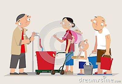 Hong Kong people queue for getting some fresh water in the days of water rationing during drought period in the past. Vector Illustration