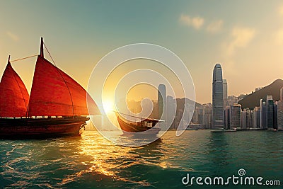Hong Kong red sail junk boat Cartoon Illustration