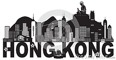 Hong Kong Skyline Buddha Statue Text Black and White vector Illustration Vector Illustration