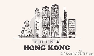 Hong Kong skyline, China vintage vector illustration, hand drawn buildings of Hong Kong city Cartoon Illustration