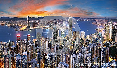 Hong Kong skyline from Victoria peak at night, China Stock Photo