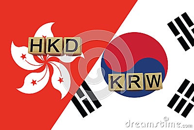 Hong Kong and South Korea currencies codes on national flags background Stock Photo