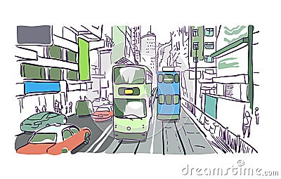 Hong kong street vector illustration tram watercolor Cartoon Illustration