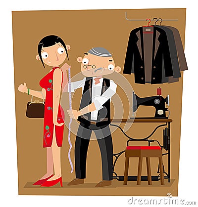 A Hong Kong tailor gets length measurement of his client Vector Illustration