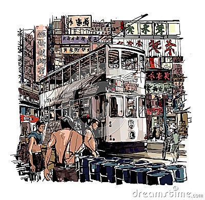 Hong Kong, tram on the street Vector Illustration