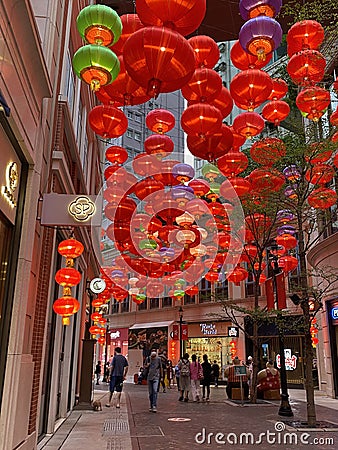 Hong Kong Wanchai Lee Tung Street Wedding Card Street Road Giant Couple Sculpture Outdoor Red Lanterns Promenade Boulevards Stock Photo