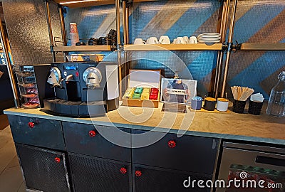 Hong Kong Wong Chuk Hang Ovolo Hotel Coffee Machine Break Room Socializing Space Interior Design Furniture Editorial Stock Photo