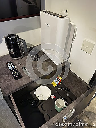 Hong Kong Wong Chuk Hang Ovolo Hotel Mini Bar Drinks Beverages Guest Room Space Interior Design Electronic Appliances Stock Photo