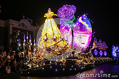 HONGKONG, HONGKONG DISNEYLAND - 30 March 2019 Close up of Bell Princess beauty parade in disneyland night parade , Hong Kong Editorial Stock Photo